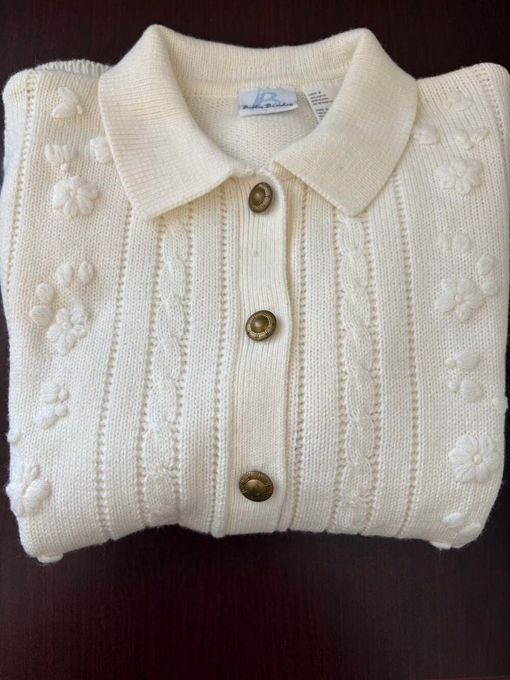 Bobbie Brooks Vintage Cream Cable Knit Button-Up Cardigan with Floral Embroidery